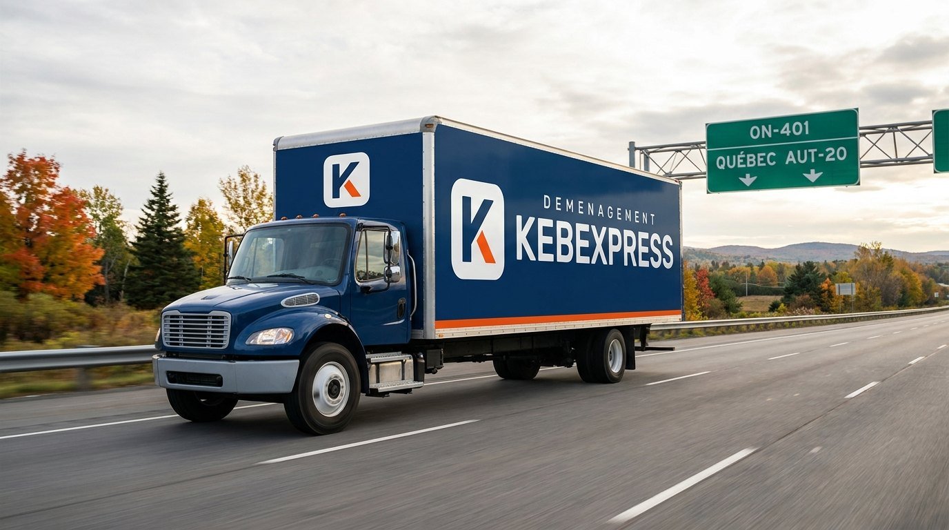 Camion Déménagement KebExpress sur l'autoroute entre le Québec et l'Ontario